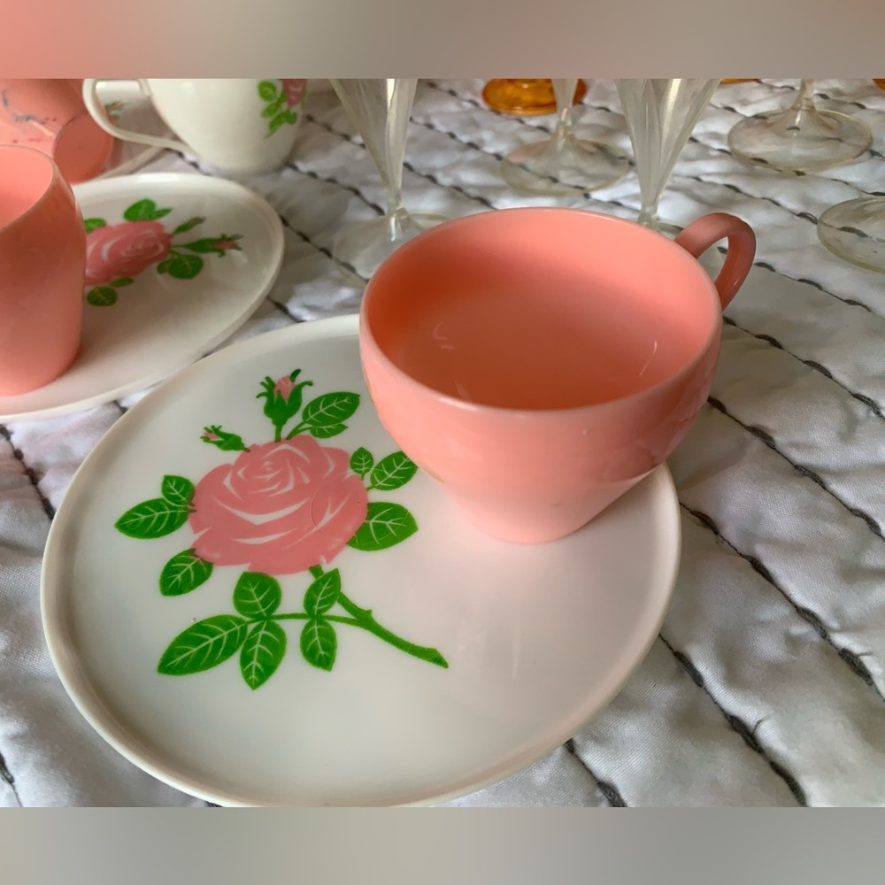 Vintage Mini Tea Cups Saucers Wine Water Goblet Pink Rose Orange Doll Drinks - Picture 6 of 7